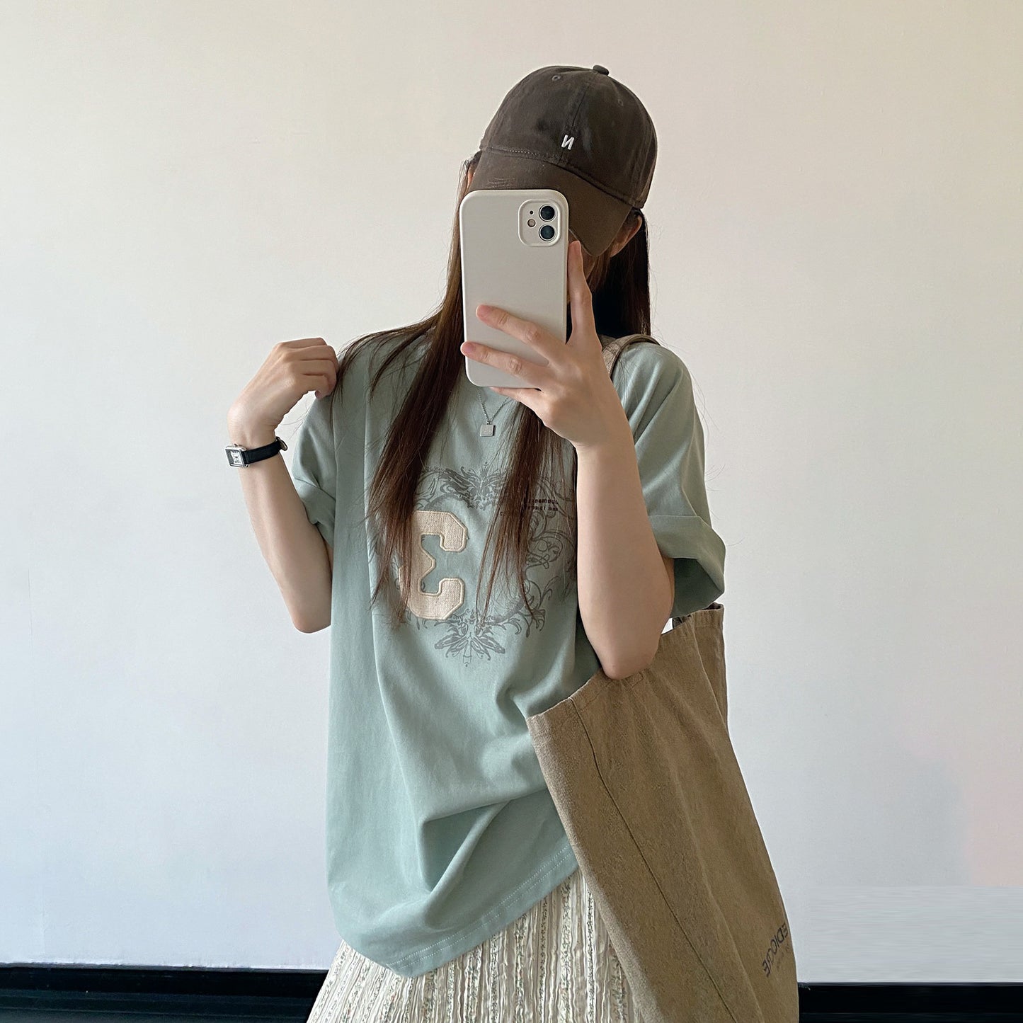 【トップス】レトロパッチ Tシャツ レディース 夏 ライトグリーン 半袖 ルーズフィット クール感 トップス 大人カジュアル 人気【FCシリーズ】