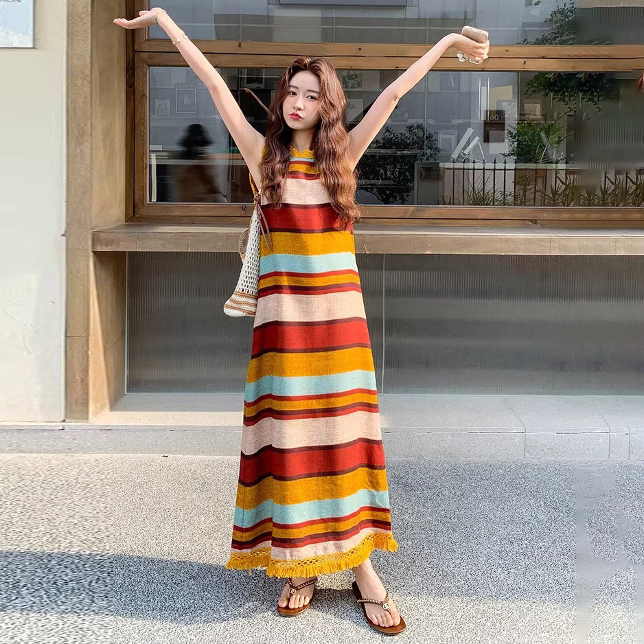 【ワンピース】韓国風ストライプ柄 ゆったりシルエット ドーパミン配色 ノースリーブワンピース【SHシリーズ】