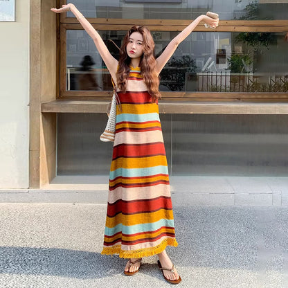 【ワンピース】韓国風ストライプ柄 ゆったりシルエット ドーパミン配色 ノースリーブワンピース【SHシリーズ】