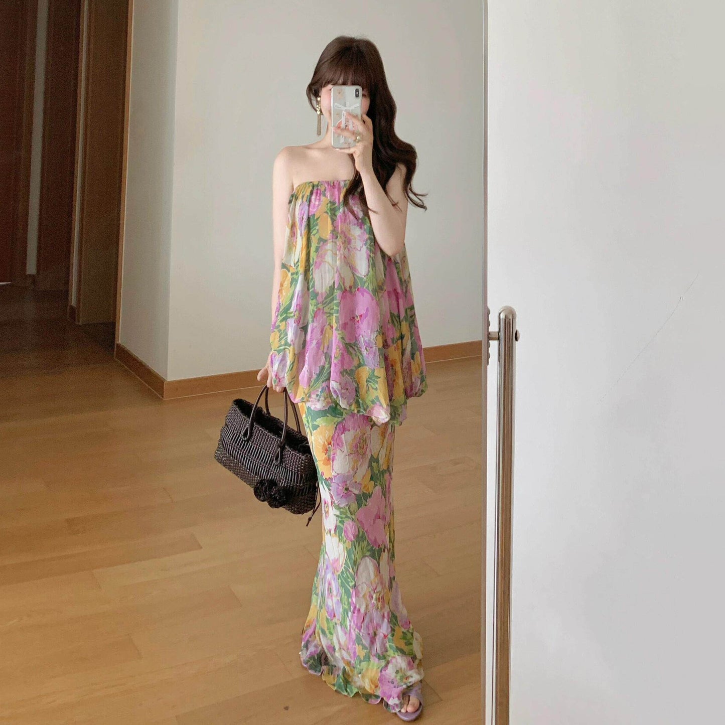 【ワンピース】【撮影用・映えドレス】花柄 オフショルダー ワンピース｜レイヤード風 ベアトップ ロング丈 ノースリーブ｜海辺 リゾート ビーチ【SHシリーズ】