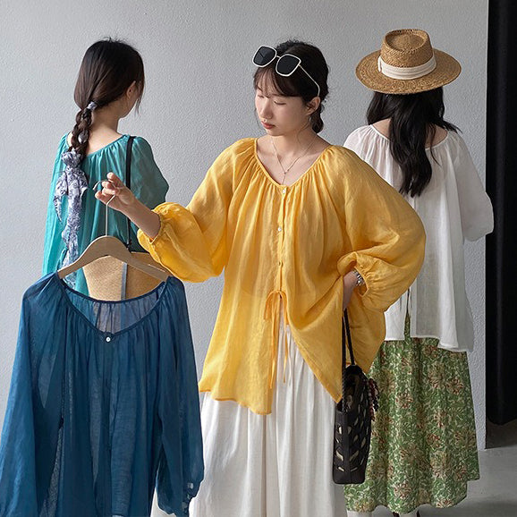 【トップス】UV対策 前後2WAY  ラミー100% 長袖バルーンスリーブシャツ レディース 26夏新作 軽やかトップス【JZシリーズ】