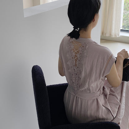蕾絲刺繡V領露背連衣裙｜夏季法式氣質長裙｜顯瘦優雅洋裝【JZ系列】