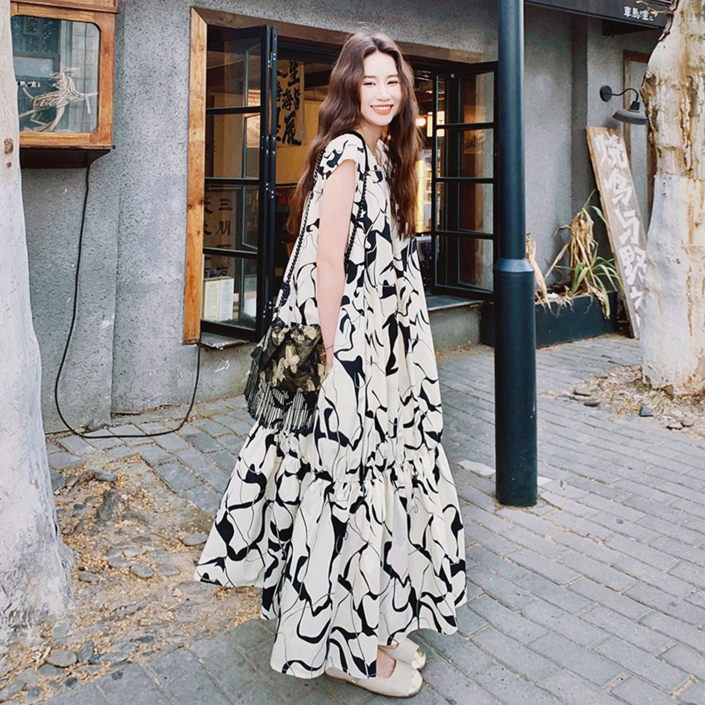 【ワンピース】夏新作 水墨風グラデーション ワンピース レトロ ゆったりノースリーブロングドレス 体型カバー着痩せ【SHリーズ】