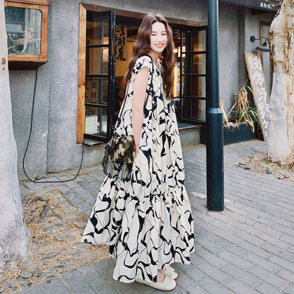 【ワンピース】夏新作 水墨風グラデーション ワンピース レトロ ゆったりノースリーブロングドレス 体型カバー着痩せ【SHリーズ】
