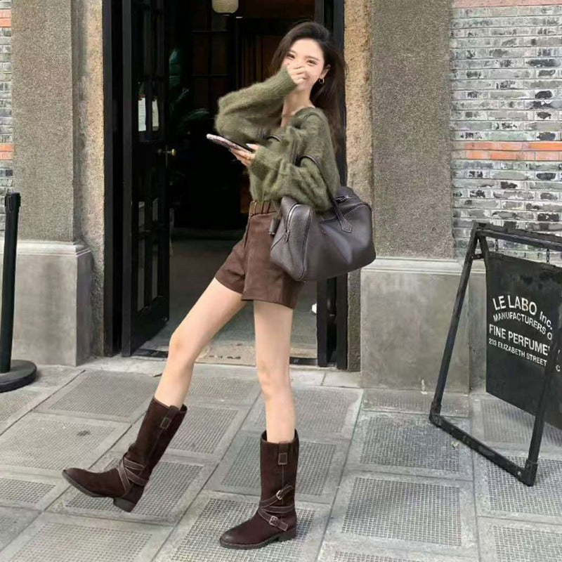 【シューズ】美脚見え ポインテッドトゥ ベルト ミドルライダーブーツ