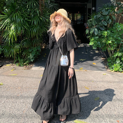 M~4XL【ワンピース】リゾートワンピース レディース 夏 ブルー ノースリーブ 配色Aライン ロングワンピース リラックスシルエット【JZシリーズ】