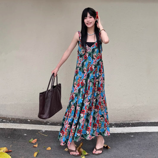 【ワンピース】レトロ キャミワンピース レディース 夏 ゆったり ノースリーブ フレアロング丈 体型カバー リネン風 人気 アートコーデ【SHシリーズ】