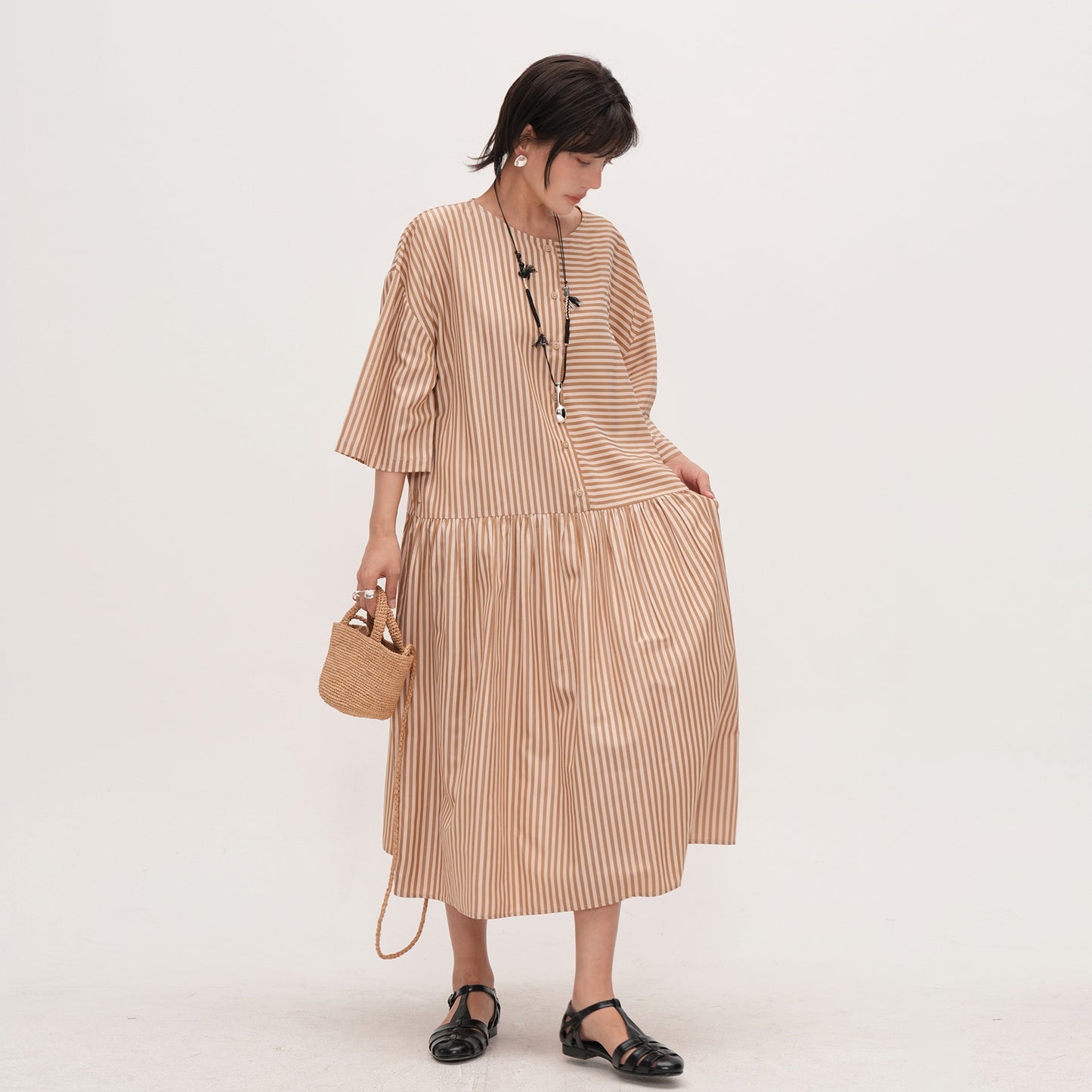 【ワンピース】夏新作 ストライプ切り替え ラウンドネックワンピース 七分袖 ゆったり着痩せロングドレス【JZシリーズ】【SHシリーズ】