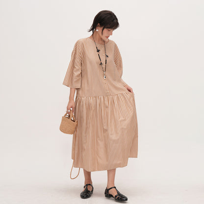 【ワンピース】夏新作 ストライプ切り替え ラウンドネックワンピース 七分袖 ゆったり着痩せロングドレス【JZシリーズ】【SHシリーズ】