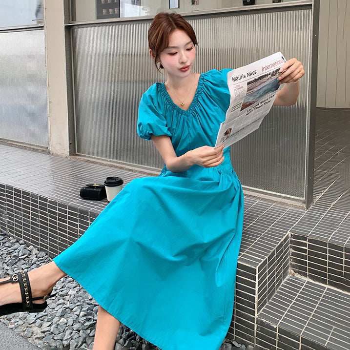 【ワンピース】韓国風 Vネック パフスリーブ  夏 気質 細見え ウエストマーク 半袖ワンピース