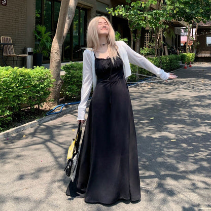 M~4XL【セットアップ】【単品注文】ヘップバーン風黒ワンピース レディース 夏 キャミソールロングワンピース フレンチシック ウエストシェイプ エレガント【JZシリーズ】