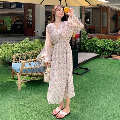 【ワンピース】フレンチ 花柄 長袖ワンピース｜韓国風マキシ丈ワンピース・足首まで届く絶美シルエット【SHシリーズ】