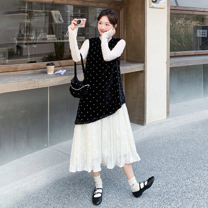 2点セット【セットアップ】フレンチ 高級感 ドット柄  セットアップ 2026春新作 レース切替 キャミワンピース＆インナーレディース【SHシリーズ】