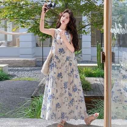 【ワンピース】レンチリゾート 花柄ホルターワンピース レディース 夏 ロング丈 ノースリーブ フレア ゆったり 細見え【SHシリーズ】