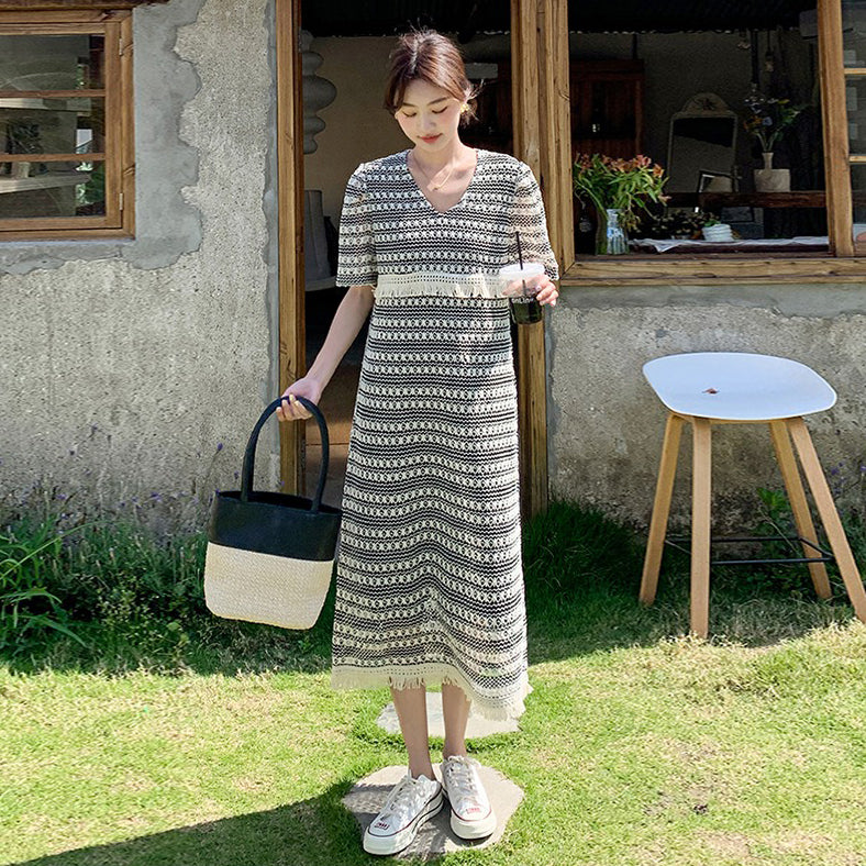 【ワンピース】高級感 切り替えストライプ 優しい雰囲気 半袖ワンピース 超おしゃれでトレンド感あふれるロングドレス【SHシリーズ】