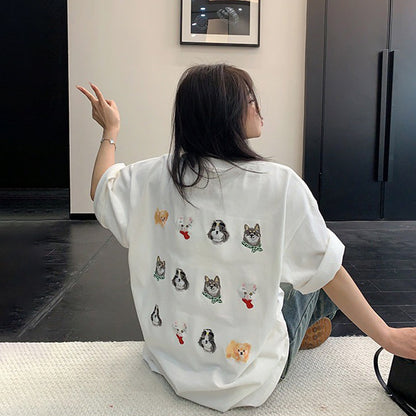 【トップス】レトロカジュアル ドッグ刺繍Tシャツ コットン半袖 オーバーサイズ ゆるっとシルエット リラックス感【FCシリーズ】