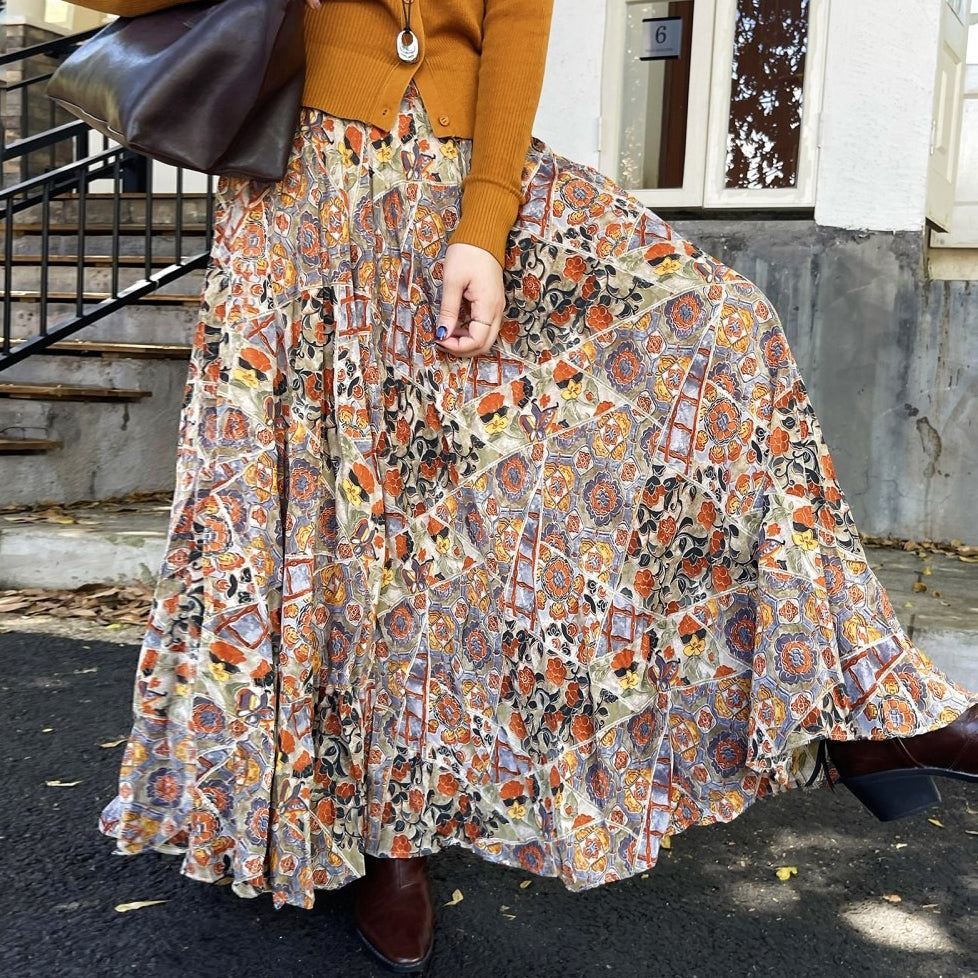 【ボトムス】花柄デザイン ハイウエスト ロングスカート Aライン 落ち感【SHシリーズ】