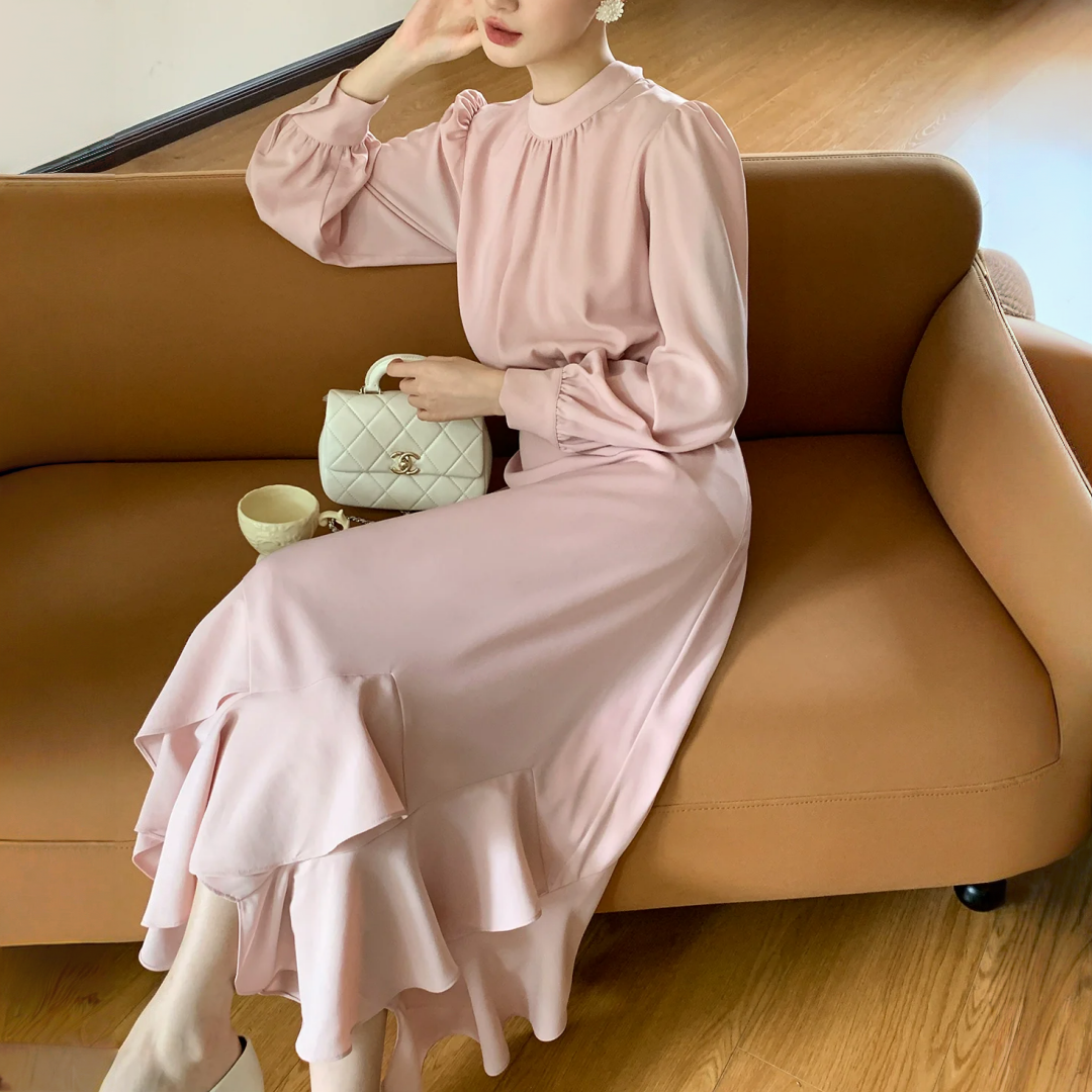 【ワンピース】春 秋 冬 花柄裾デザイン 通勤コーデ 立体裁断切り替え 長袖 ワンピース 【JZシリーズ】