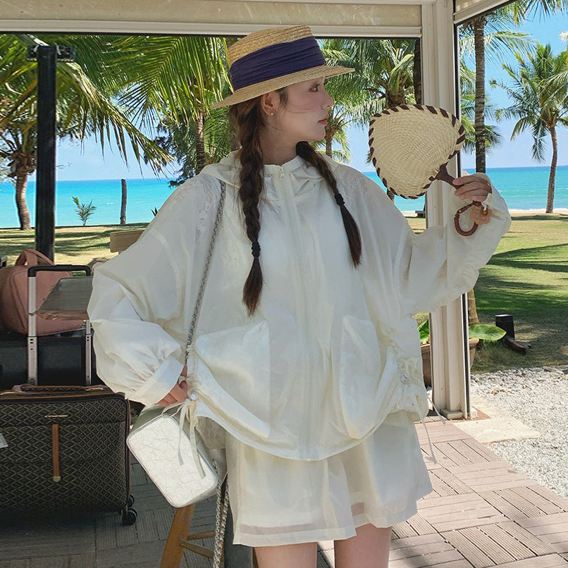 2点セット！【セットアップ】涼しげな白が魅力✨ UVカット 薄手アウター×ワイドパンツ 上下セット【JZシリーズ】