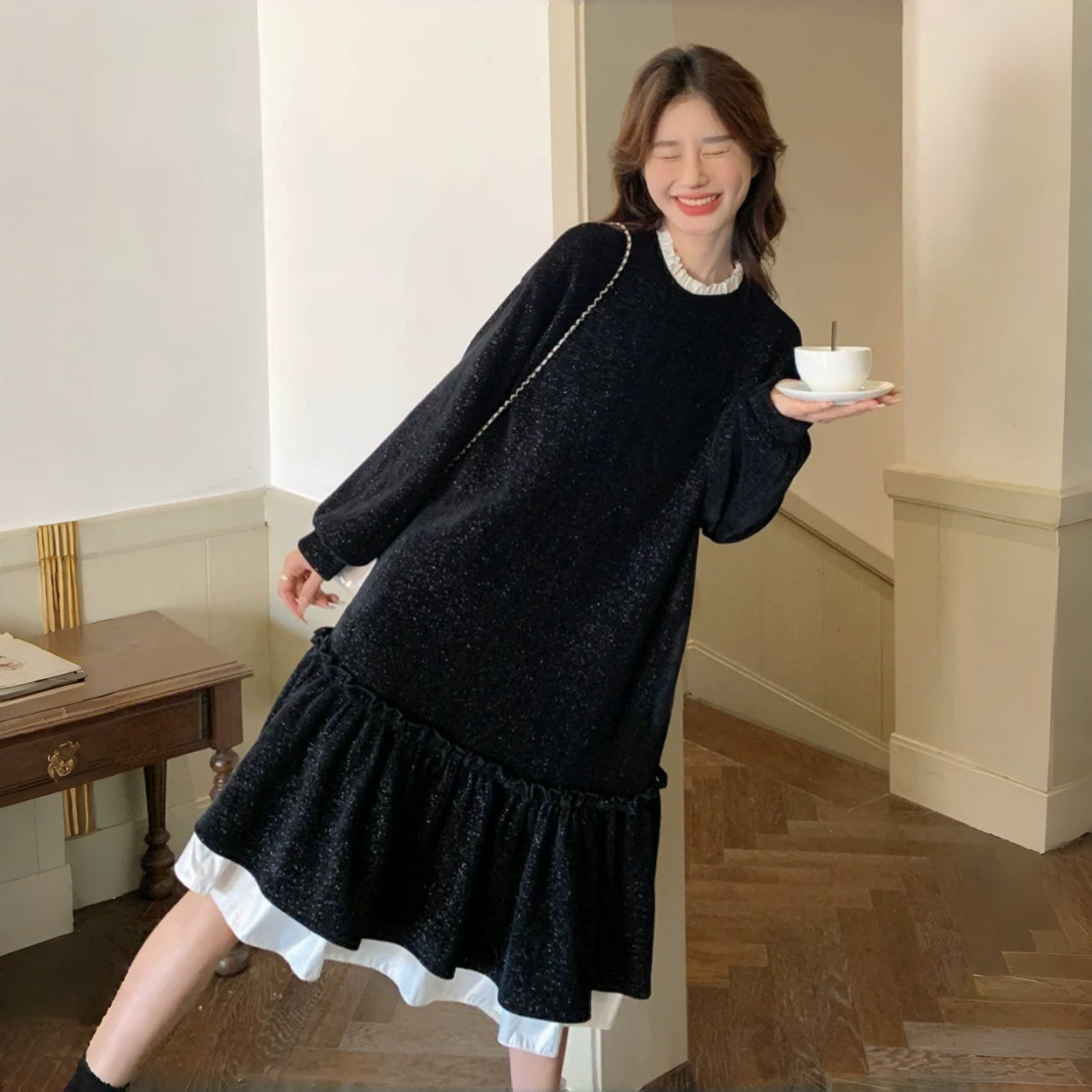 【ワンピース】春 秋 冬 デザイン性 ベルベット フリル 着痩せ 長袖ワンピース【JZシリーズ】