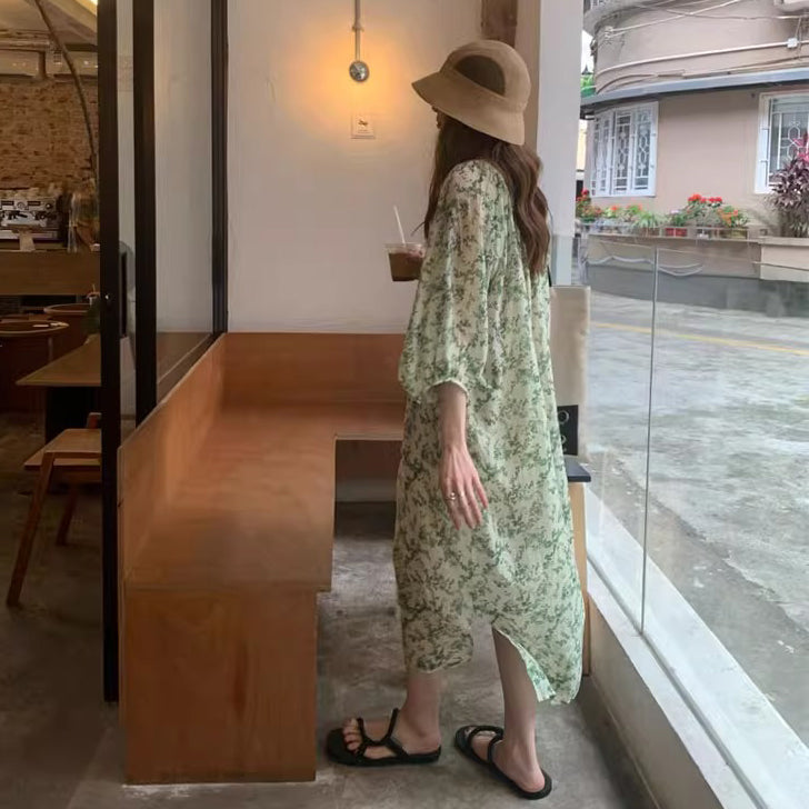 【ワンピース】Vネック半袖 花柄ワンピース レディース 七分袖 ミモレ丈 ゆったりシルエット【SHシリーズ】