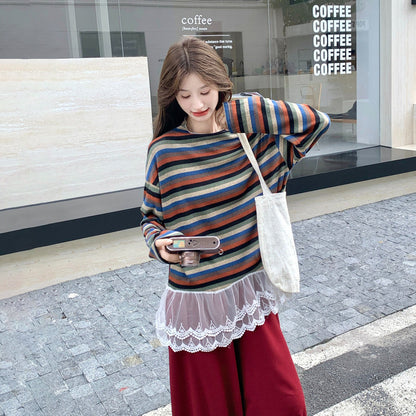 2点セット！【セットアップ】レトロ柄ストライプ切替レーススウェット＆ワイドパンツセット レディース 秋服 新作 大人カジュアル ゆったり体型カバー【JZシリーズ】