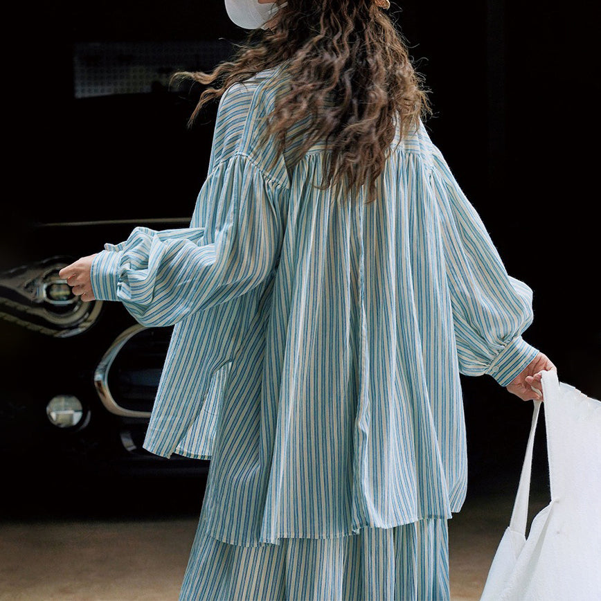 【トップス】春夏秋 ゆったり 快適 日焼け防止 着痩せ ストライプ柄 ランタンスリーブ シャツ【JZシリーズ】