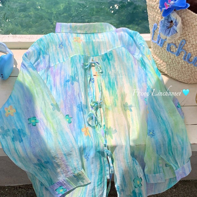 【アウター】花柄 UVカットシャツ 春夏 韓国風 薄手 グラデーション ビーチリゾートアウター【SHシリーズ】