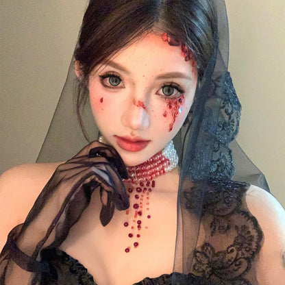 【ハロウィン】血糊パール フリンジチョーカー ゴシック風 コスプレ 花嫁 ネックレス アクセサリー