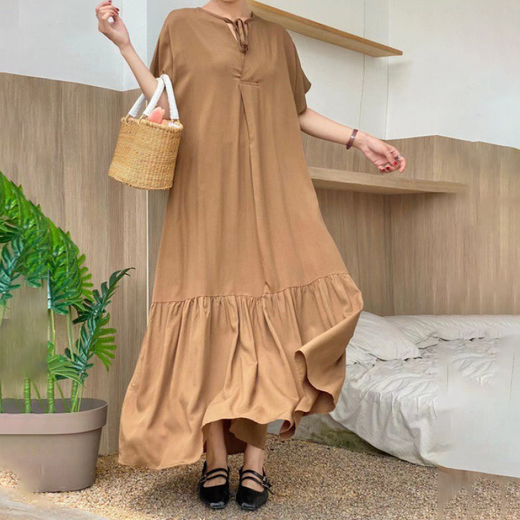 【ワンピース】夏 レトロ 大きいサイズ ゆったり スリム見せ 膝下丈 半袖ワンピース