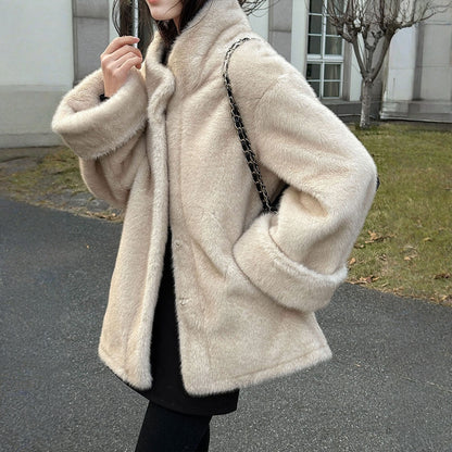 【アウター】エコミンク風ファー 春 秋 冬 立ち襟 フェイクファー スエード調裏地 もこもこ コート 【JZシリーズ】