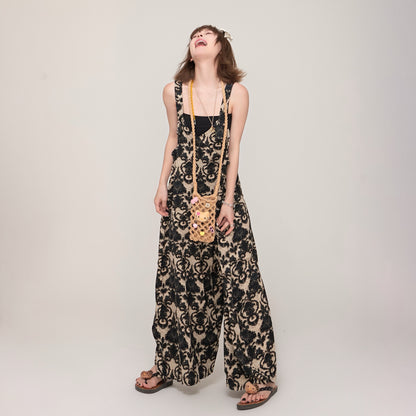 【ボトムス】ゆったりルーズ感 Vネックサロペット 夏新作 エンボスジャガード ワイドパンツオールインワン【SHシリーズ】