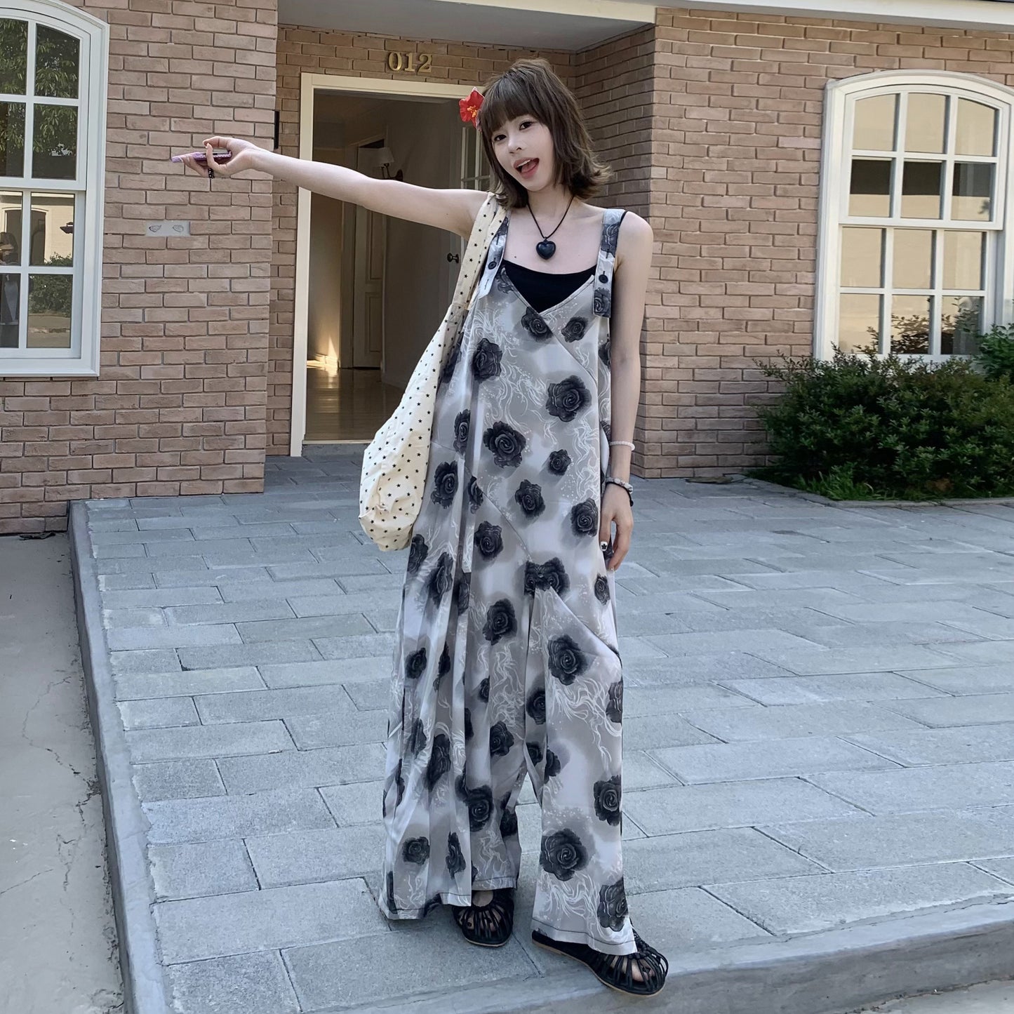 【ボトムス】夏新作 ヴィンテージ風 ローズ柄 ゆったりシルエット カジュアル オールインワン【SHシリーズ】