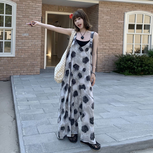 【ボトムス】夏新作 ヴィンテージ風 ローズ柄 ゆったりシルエット カジュアル オールインワン【SHシリーズ】