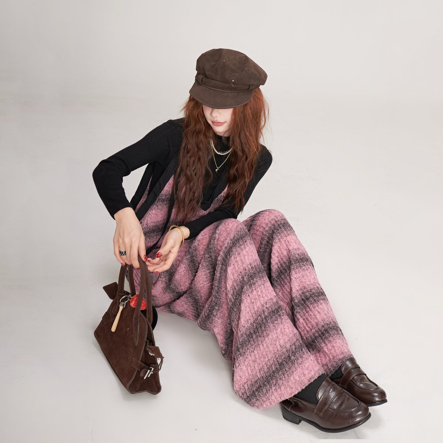 【ボトムス】秋冬 ゆったりVネック ニットサロペット グラデーション ワイドパンツ レディース オールインワン【SHシリーズ】