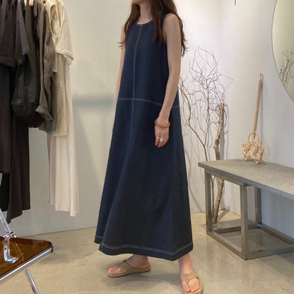 【ワンピース】レトロ感 リラックス風 ステッチデザイン×ゆったりシルエット ノースリーブワンピース