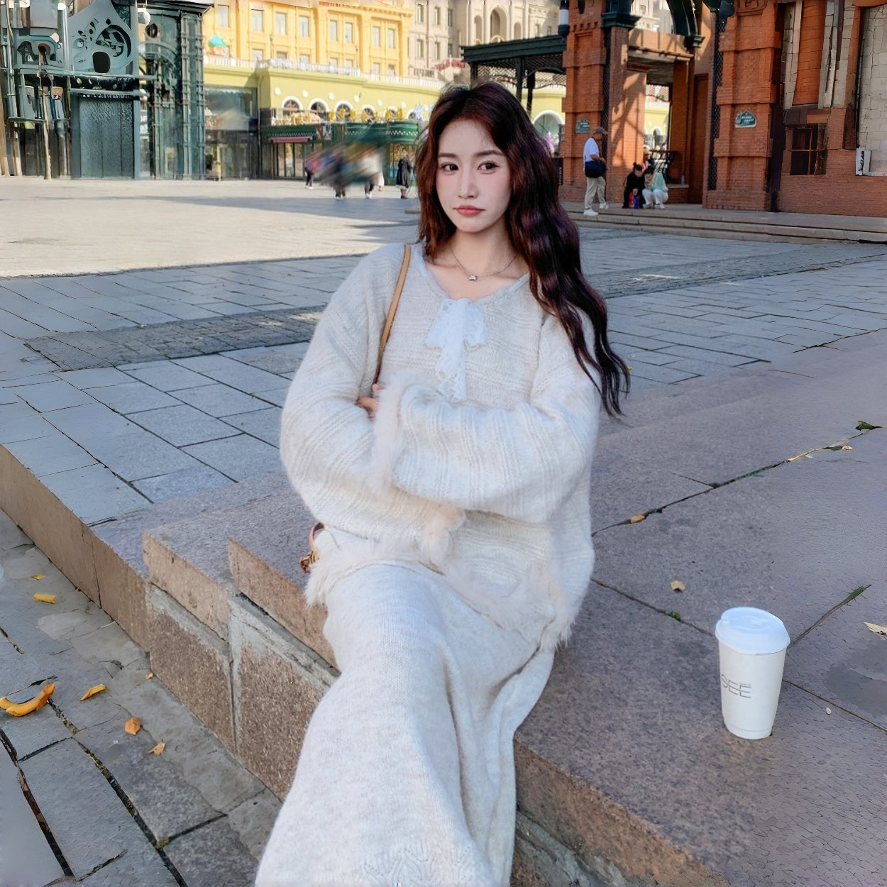 【セットアップ】韓国風 レース 気質よい 合わせやすい ニット生地 ニットセーター+スカート 2点セット【JZシリーズ】