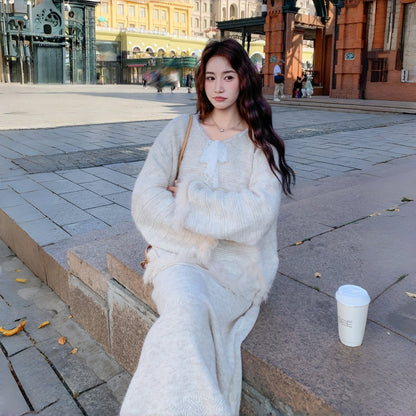 【セットアップ】韓国風 レース 気質よい 合わせやすい ニット生地 ニットセーター+スカート 2点セット【JZシリーズ】