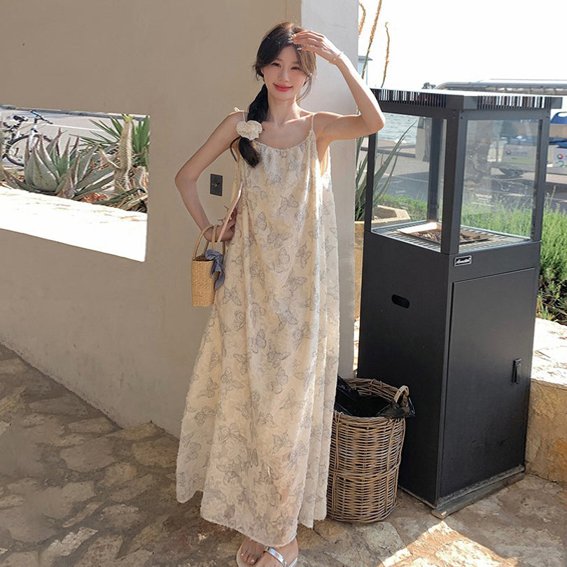 【ワンピース】夏新作 レース刺繍＆バタフライプリント ノースリーブキャミソールワンピース 気質漂うエレガントロングドレス【SHシリーズ】
