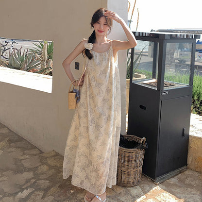 【ワンピース】夏新作 レース刺繍＆バタフライプリント ノースリーブキャミソールワンピース 気質漂うエレガントロングドレス【SHシリーズ】