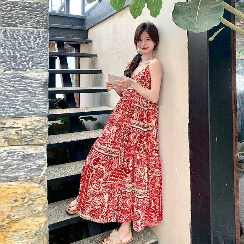 【ワンピース】ボヘミアン風 Vネックロングキャミワンピース 海辺リゾート映え 夏新作 ノースリーブワンピース【SHシリーズ】