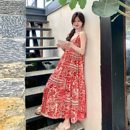 【ワンピース】ボヘミアン風 Vネックロングキャミワンピース 海辺リゾート映え 夏新作 ノースリーブワンピース【SHシリーズ】