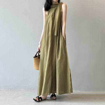 👉 翌日発送⚡在庫限り！【ワンピース】夏新作 フレンチエレガンス テンセル素材 リボンタイ ネックホルター ゆったり ノースリーブワンピース【JZシリーズ】