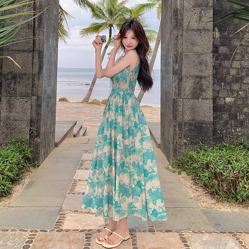 【ワンピース】夏 フレンチ風 旅行リゾート風 フラワープリント ノースリーブキャミソールワンピース【SHシリーズ】