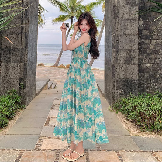 【ワンピース】夏 フレンチ風 旅行リゾート風 フラワープリント ノースリーブキャミソールワンピース【SHシリーズ】