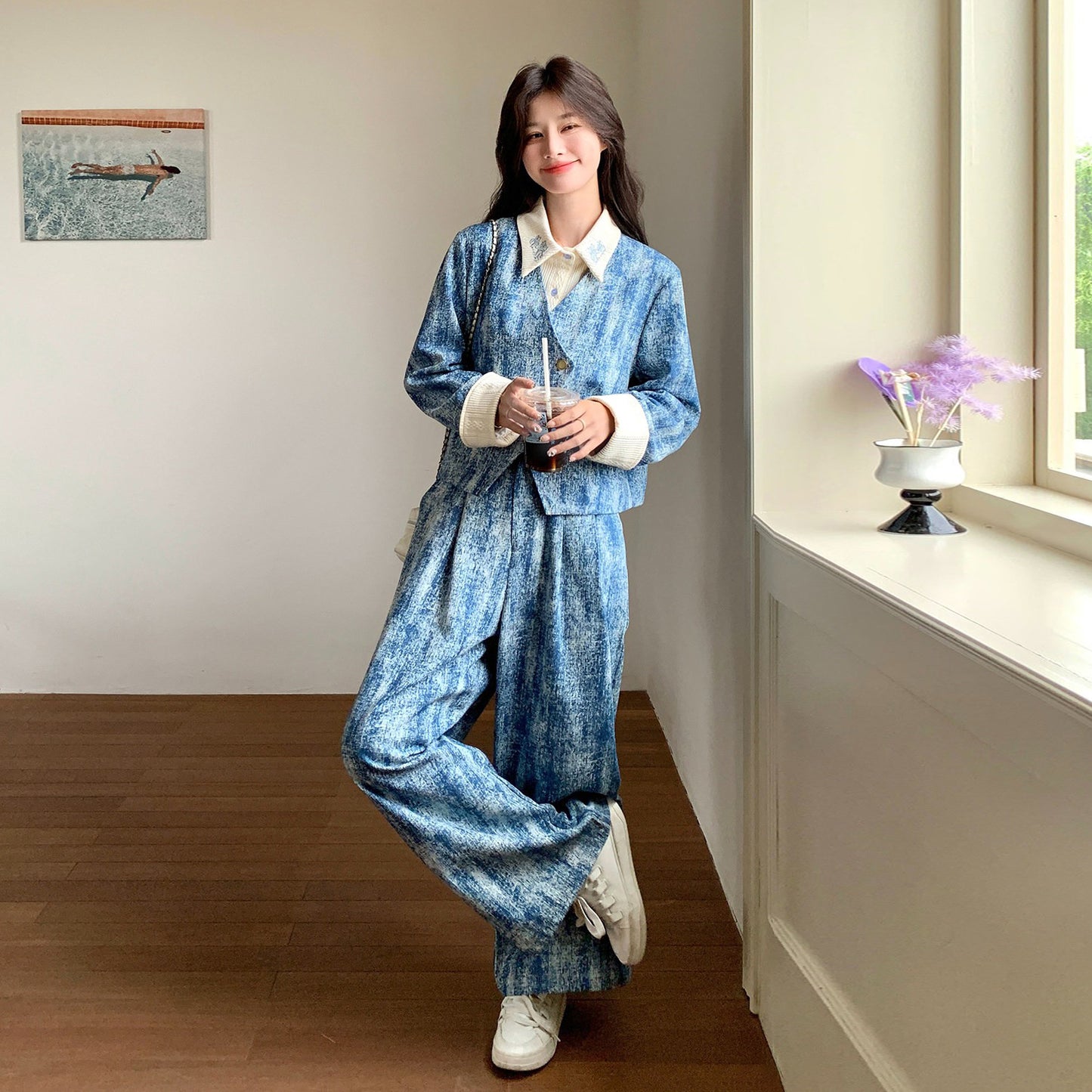 2点セット！【セットアップ】この配色、かっこよすぎる…💙 タイダイ柄ジャケット風トップス×ワイドパンツ 上下セット 春コーデ 体型カバーも叶う【SHシリーズ】
