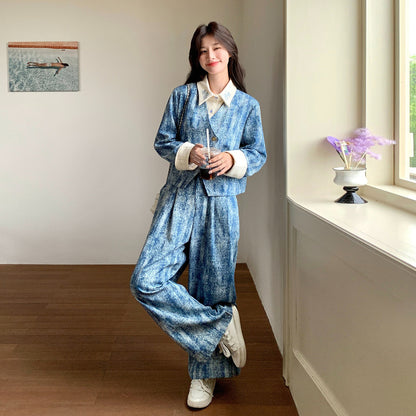 2点セット！【セットアップ】この配色、かっこよすぎる…💙 タイダイ柄ジャケット風トップス×ワイドパンツ 上下セット 春コーデ 体型カバーも叶う【SHシリーズ】