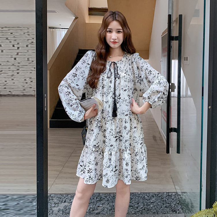 【ワンピース】花柄 ミニ丈 長袖ワンピース 春夏秋 体型カバー 細見え 着回し万能【SHシリーズ】