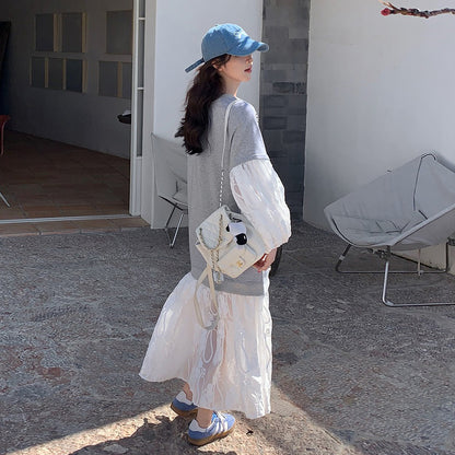 【ワンピース】韓国トレンド レース×スウェット風 長袖ワンピース 春秋 フェイクレイヤード 大人可愛い 優しげ 若見え【JZシリーズ】