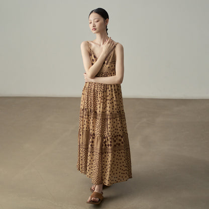 【ワンピース】ワンピース レディース ドット柄 キャミワンピース ティアード ロング丈 ノースリーブ ゆったり リゾート風【JZシリーズ】【10～15日内発送】